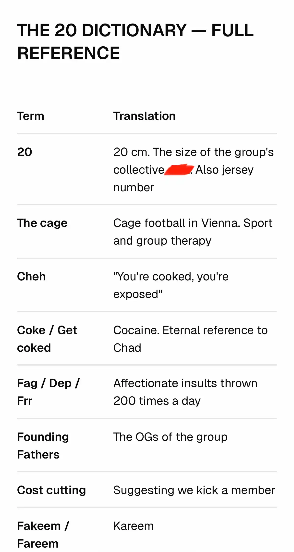 Excerpt from a group-chat report — the in-group dictionary.