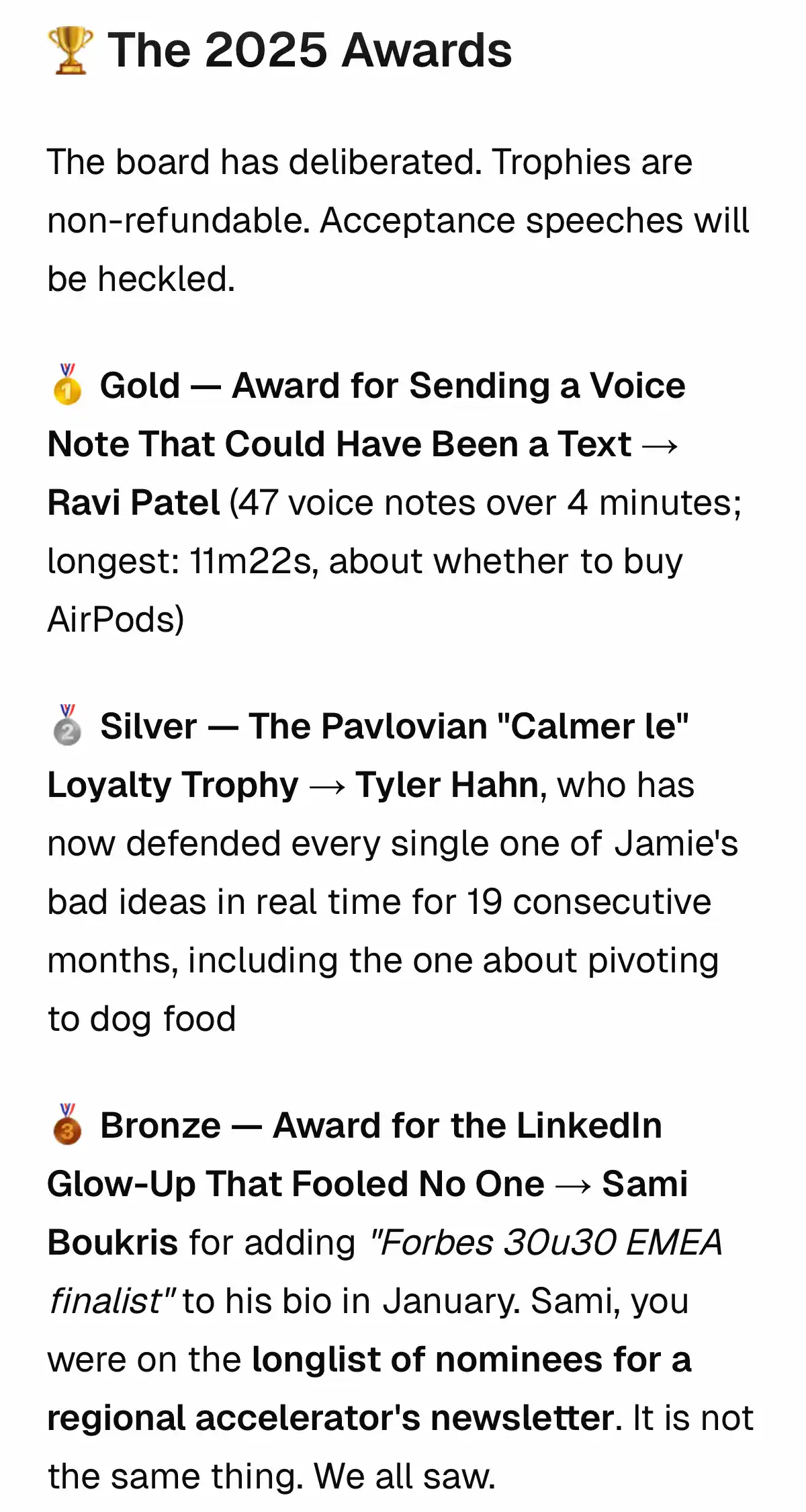 Excerpt from a friend-group report — the 2025 awards.