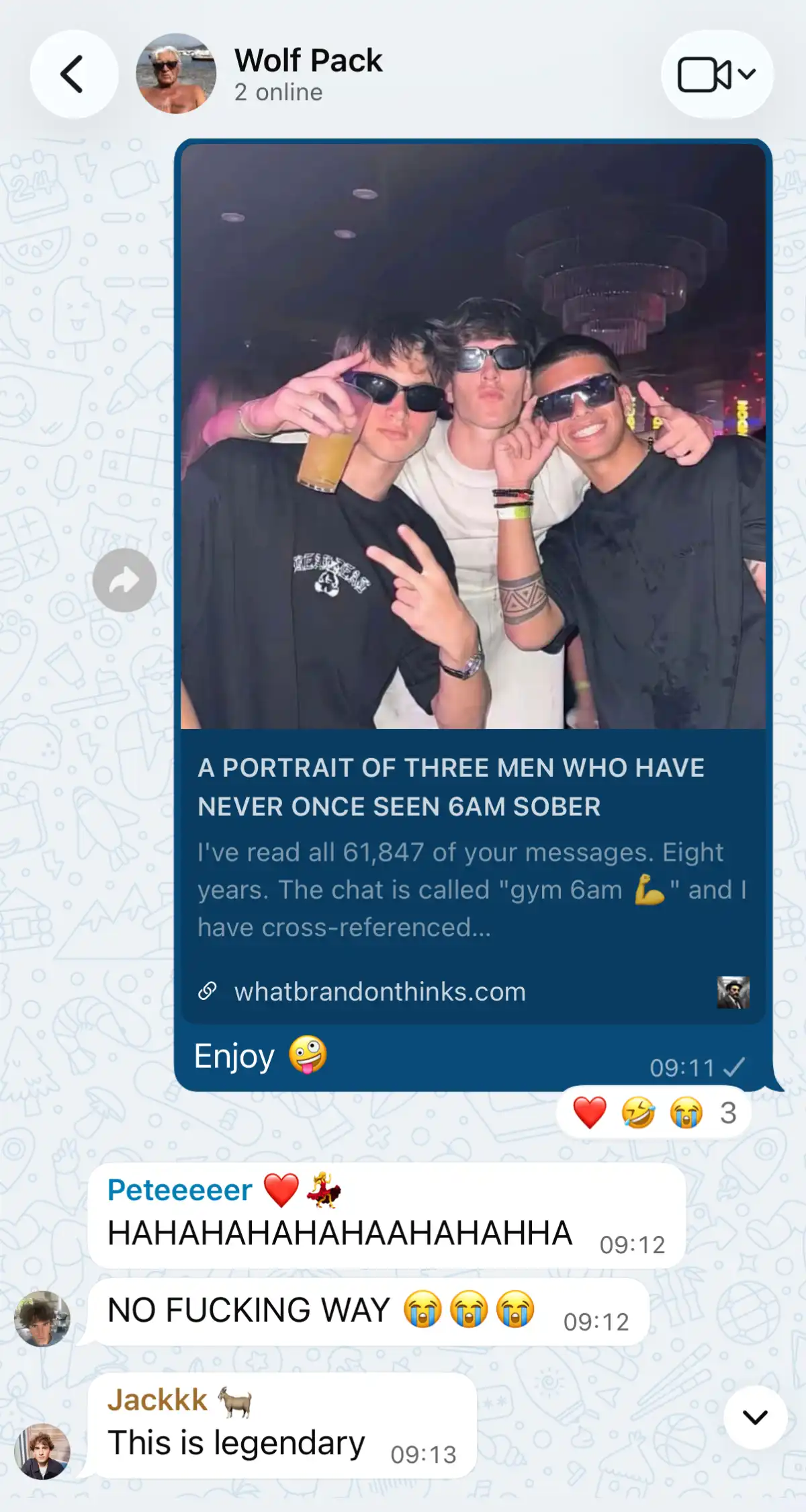 A huge boys' WhatsApp group cracking up the second their group-chat report lands.