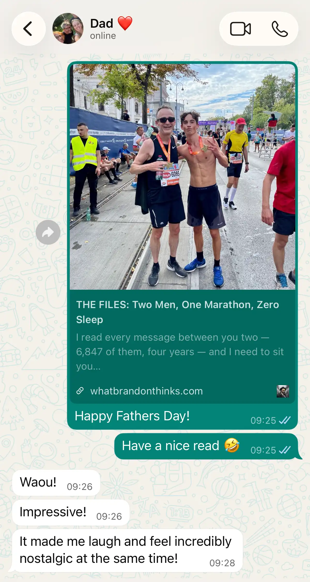 A father and son on WhatsApp howling after the report drops into their chat.