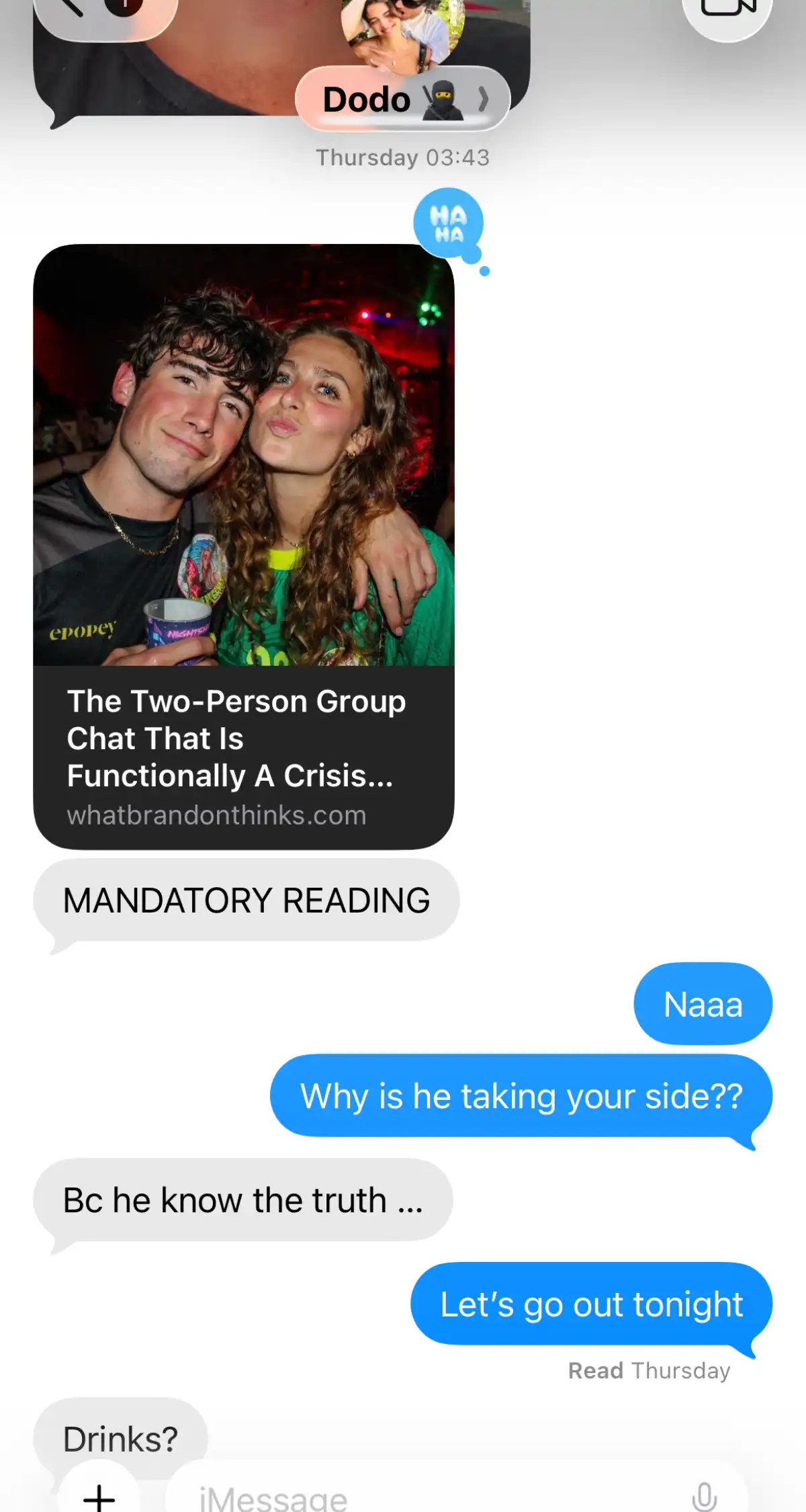 A situationship reacting on iMessage after one of them drops the report into the chat.