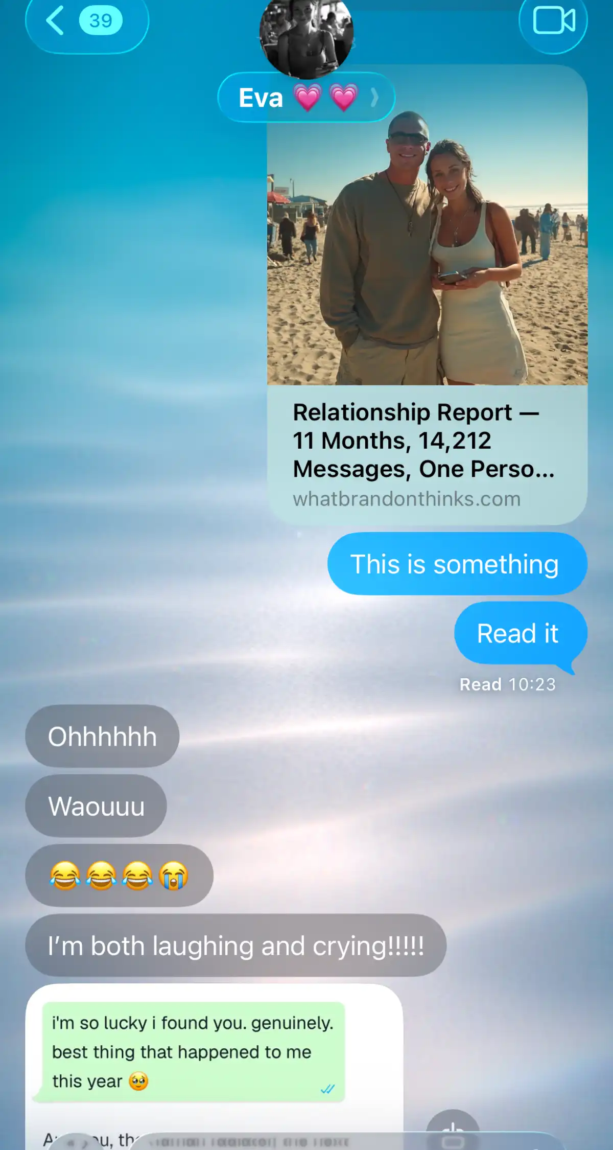 A couple on iMessage laughing and crying over the relationship report one of them just sent.