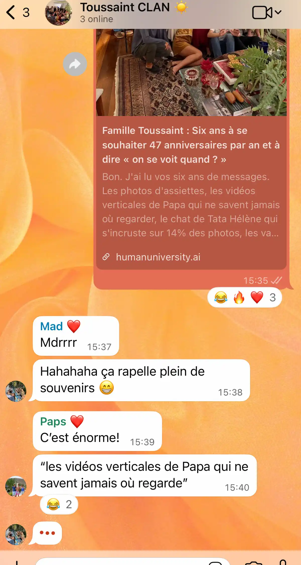 Extended family group chat reacting to a shared report.