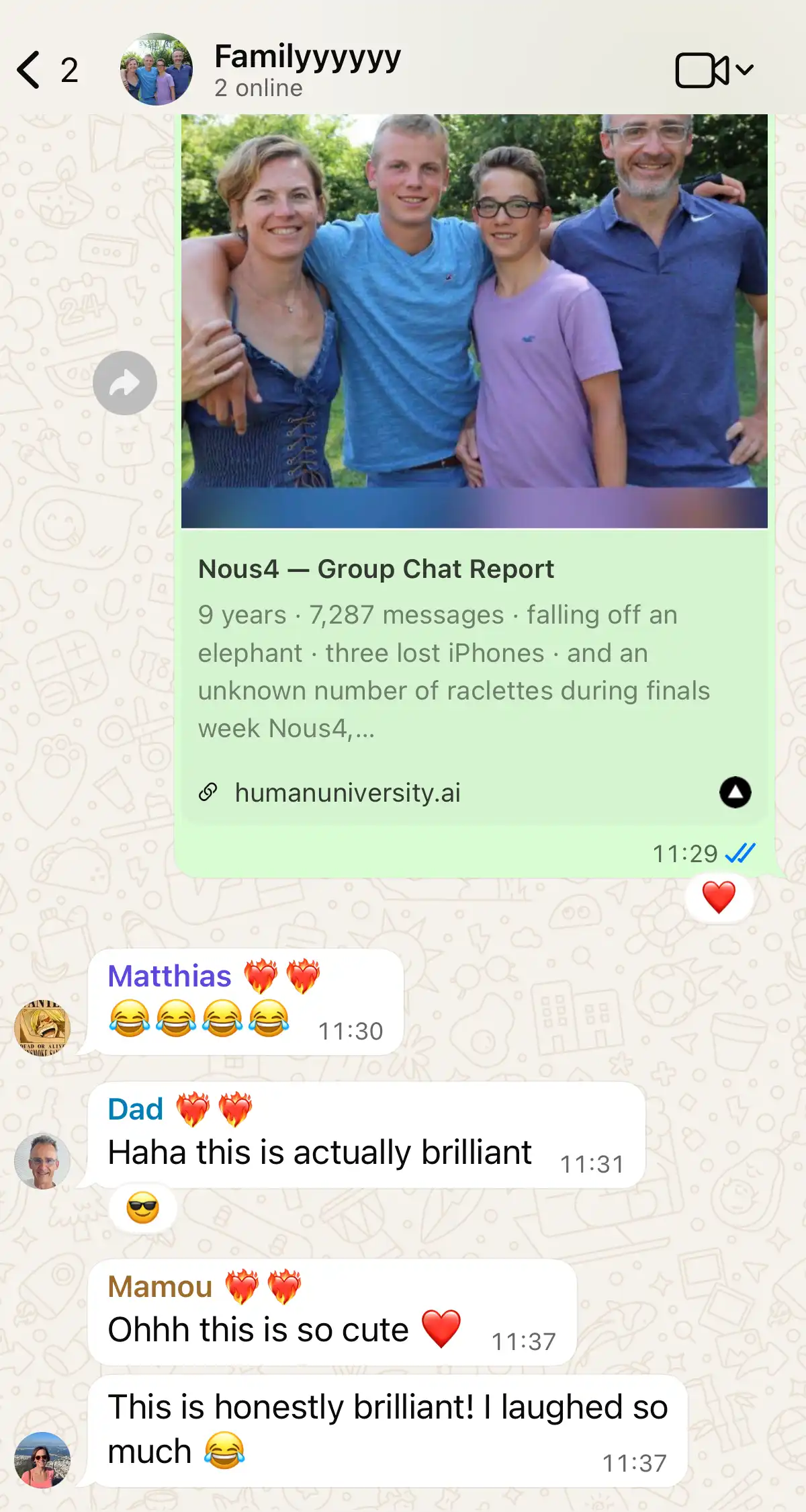 Family group chat reacting to a shared report.