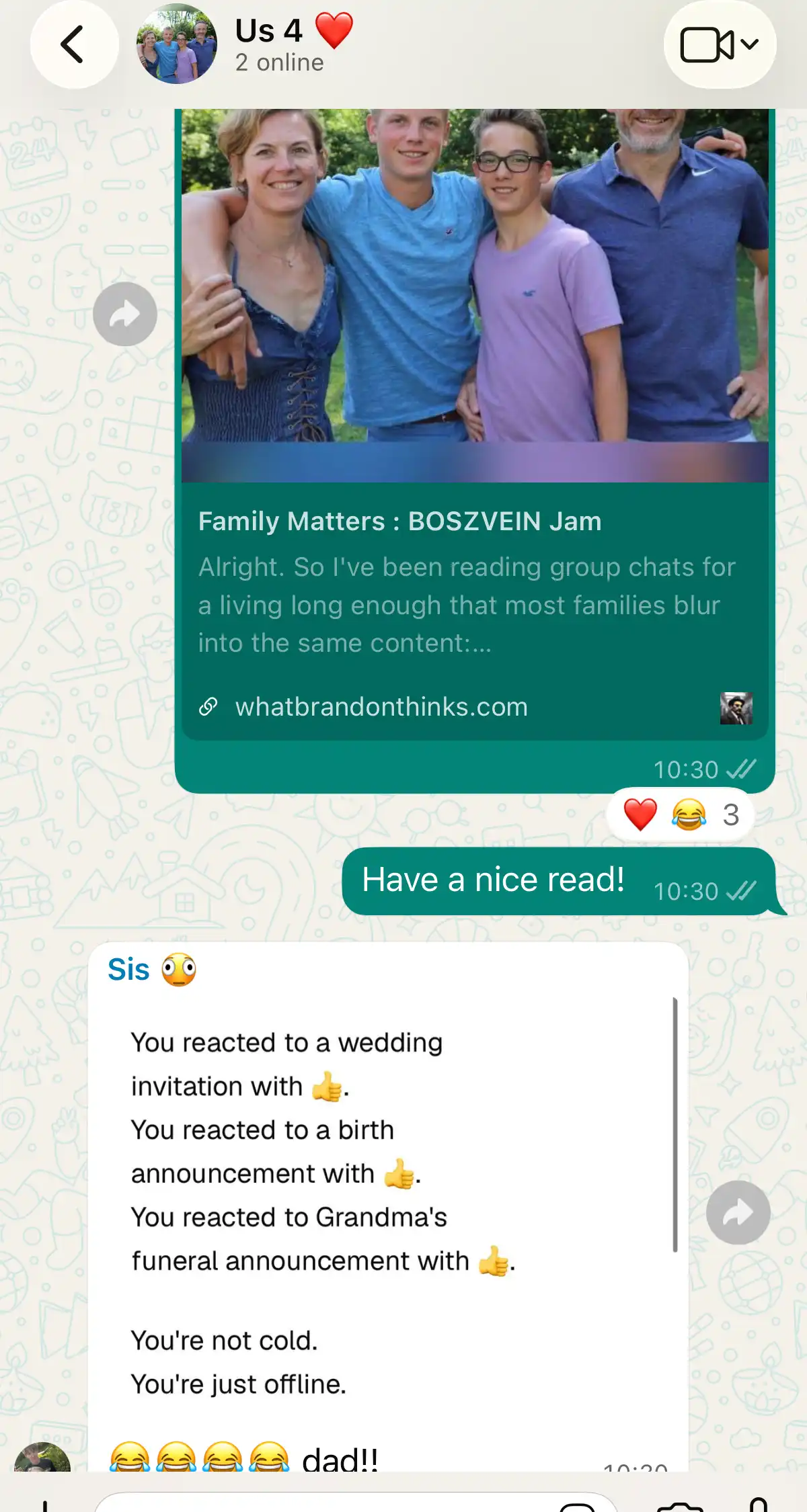 A family WhatsApp group lighting up the moment someone drops their group-chat report into the chat.