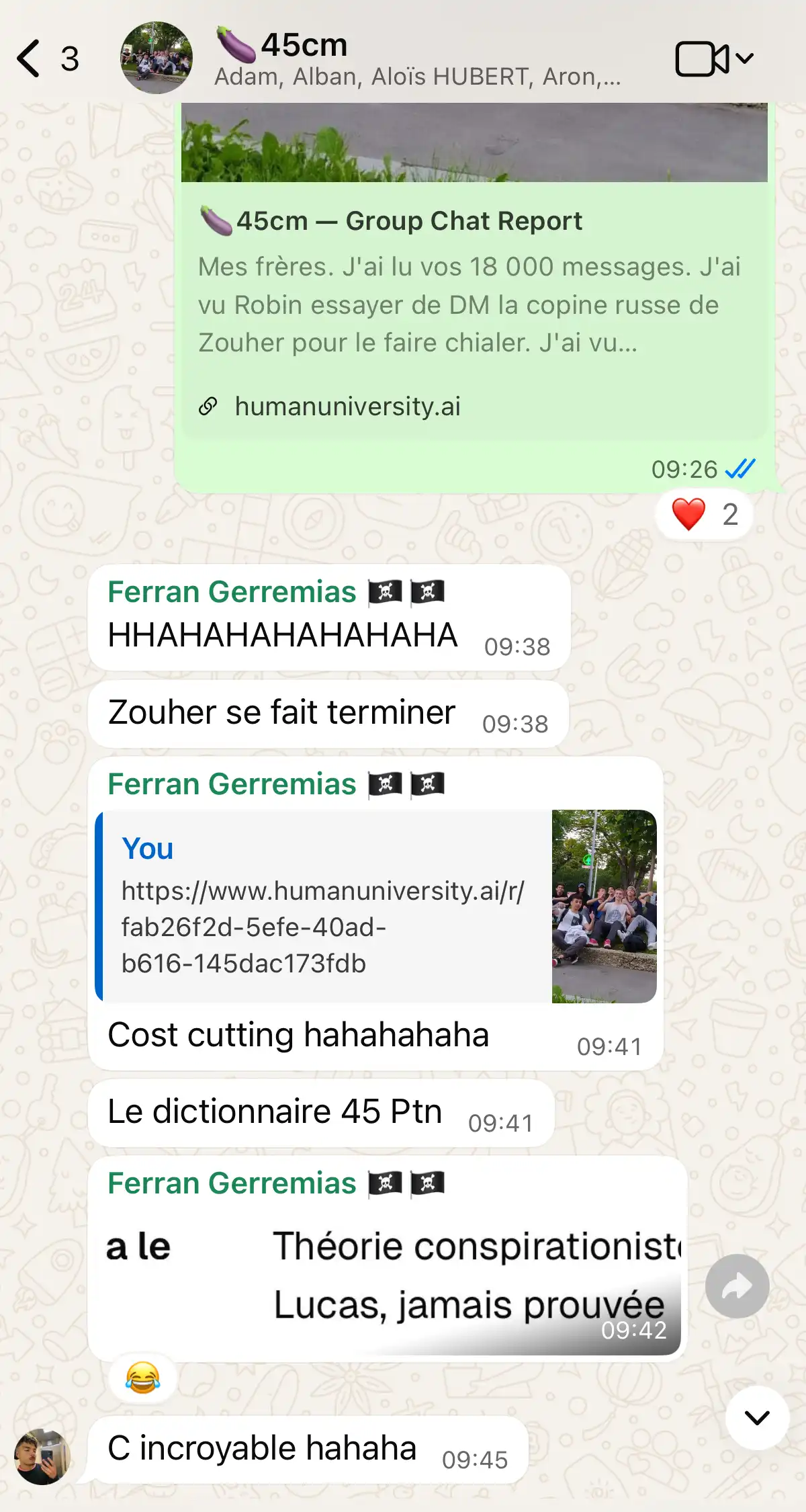 Friend group chat reacting to a shared report.