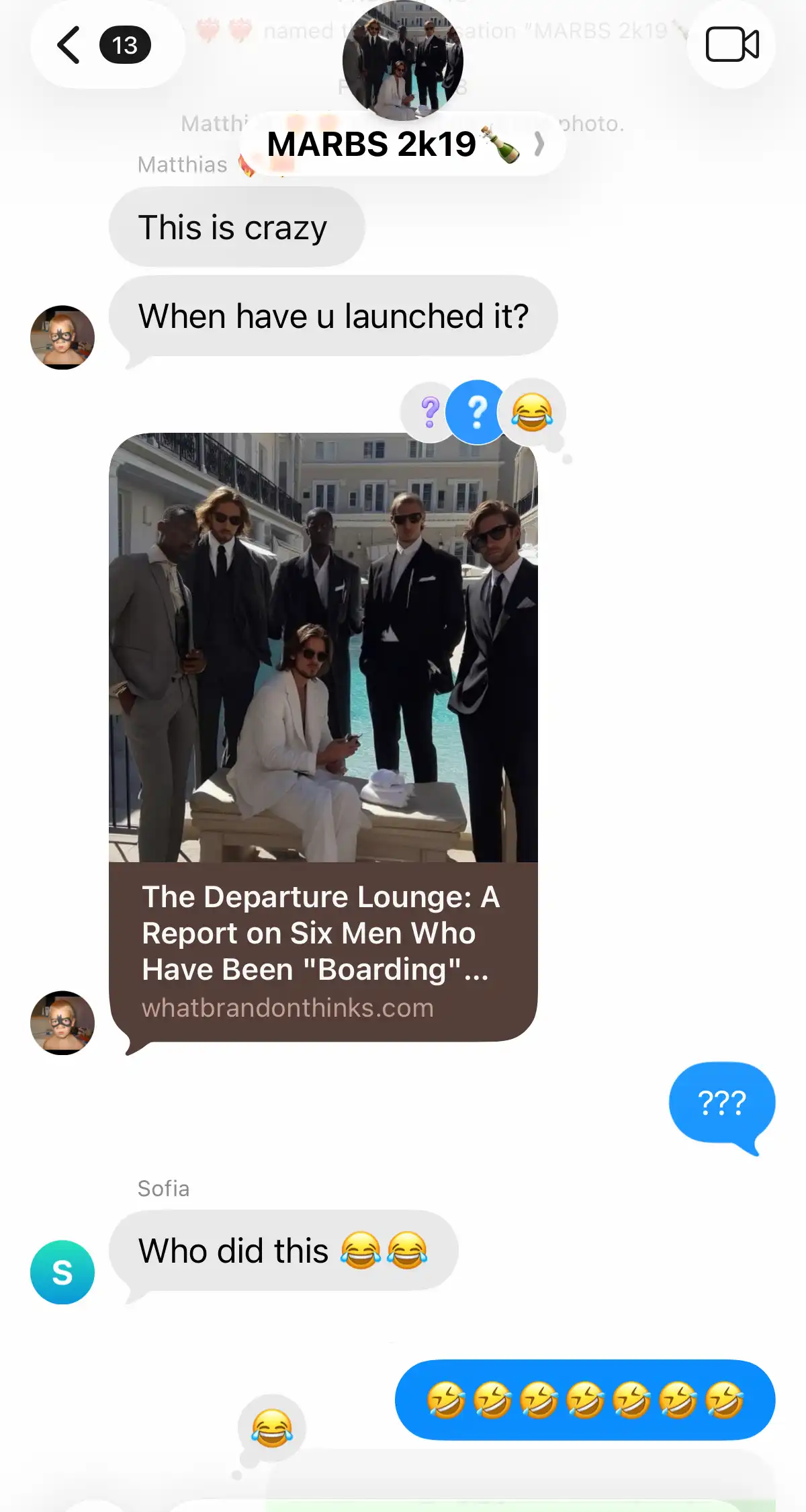 A lads'-trip iMessage group blowing up the second the report drops in.
