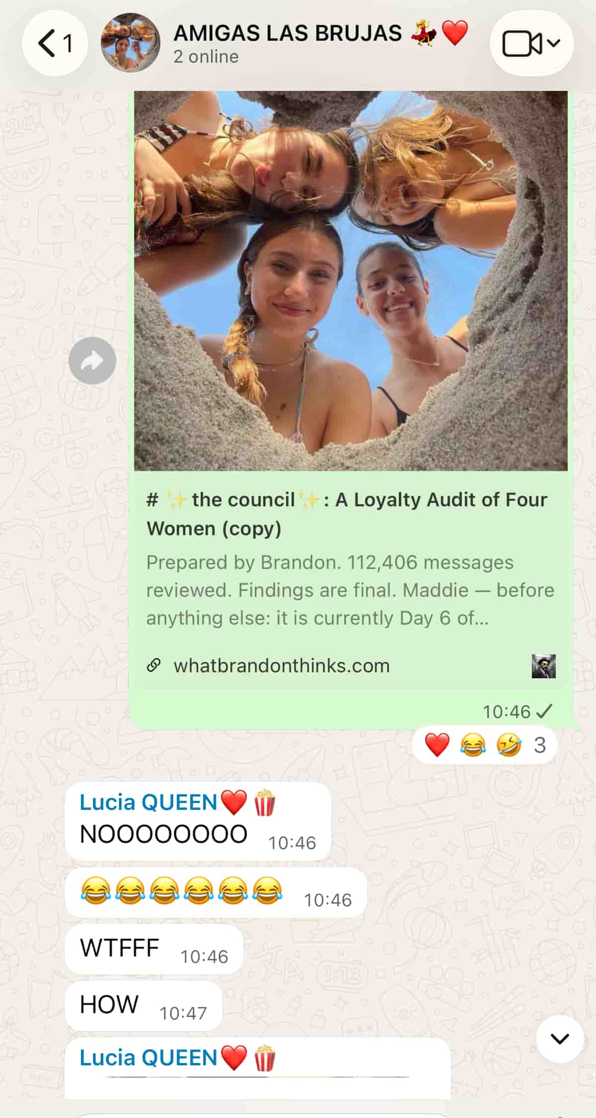 A girls' WhatsApp group erupting after their friend drops the report into the chat.