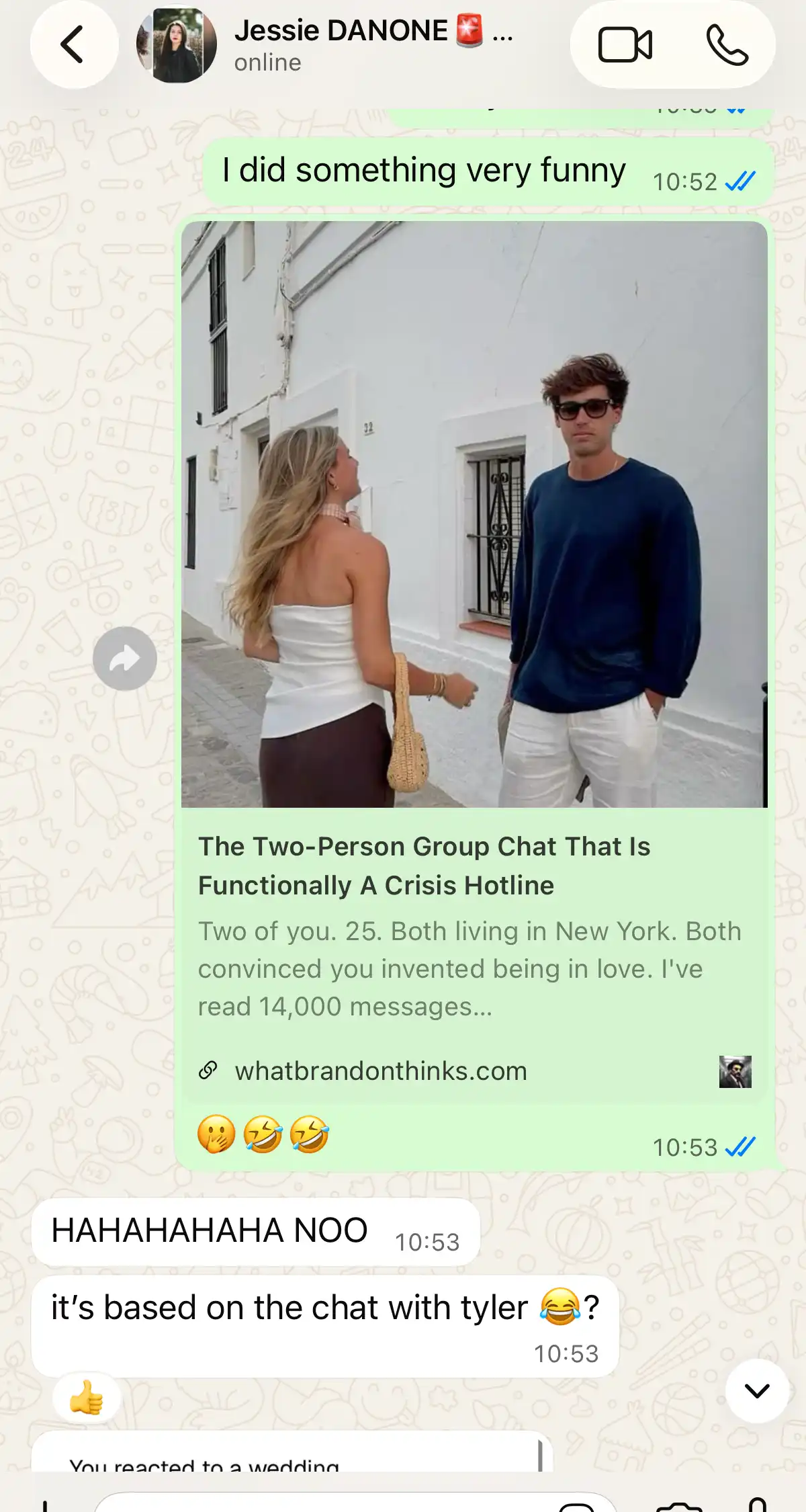 A friend on WhatsApp losing it the moment someone drops in their report about an ex.